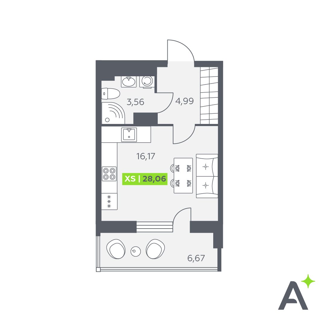 Планировка: студия, 28,1 м²