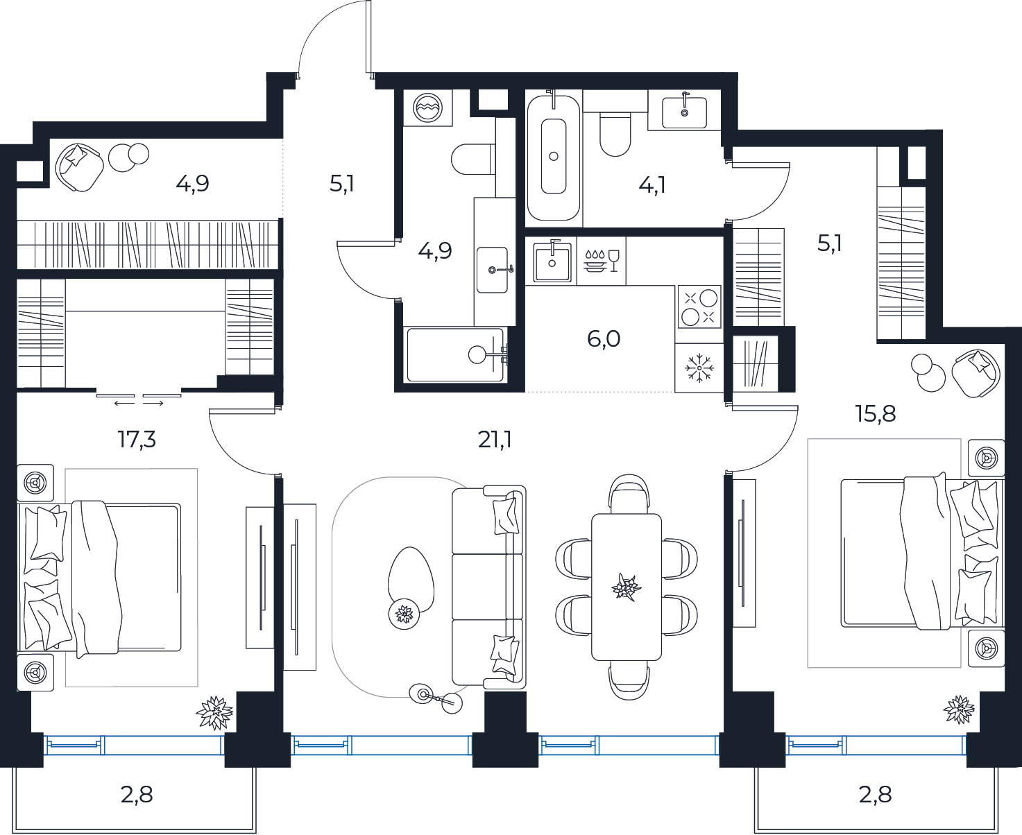 Планировка: 2-комнатная квартира, 85,9 м²