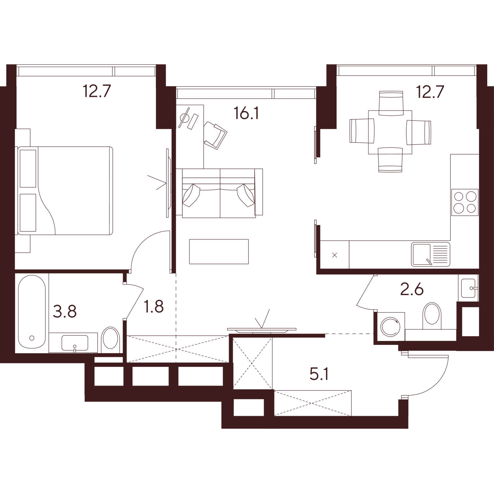 Планировка: 2-комнатная квартира, 54,8 м²