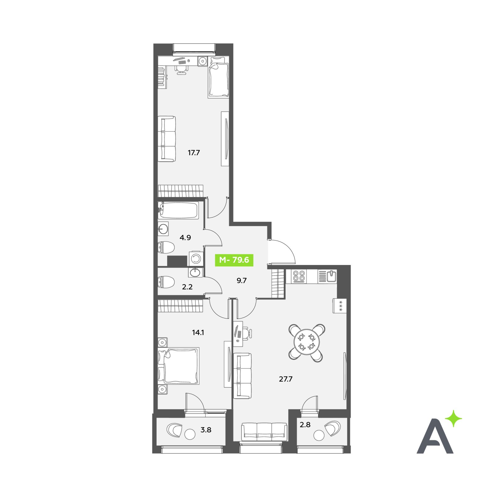 Планировка: 3-комнатная квартира, 79,6 м²