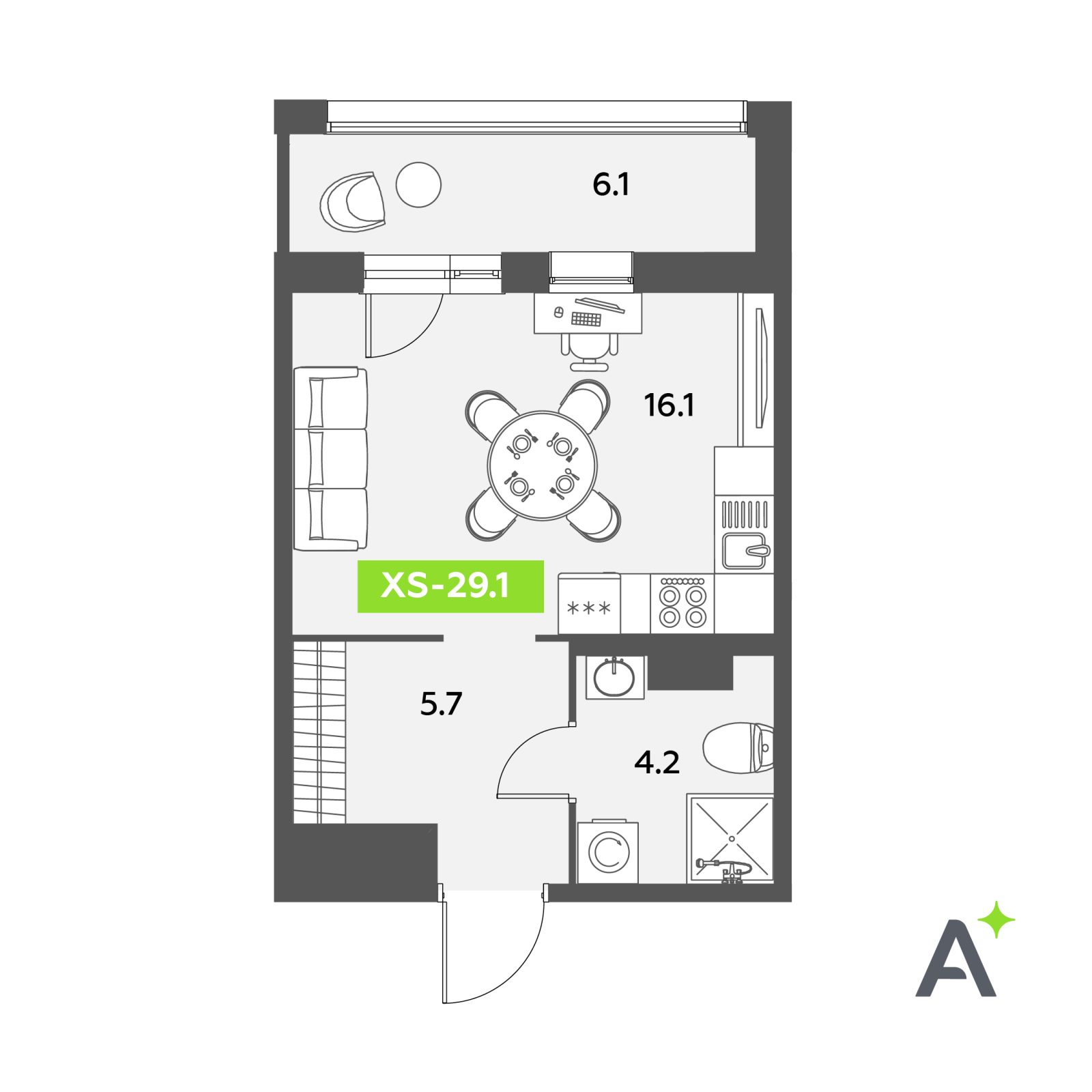 Планировка: студия, 29,1 м²