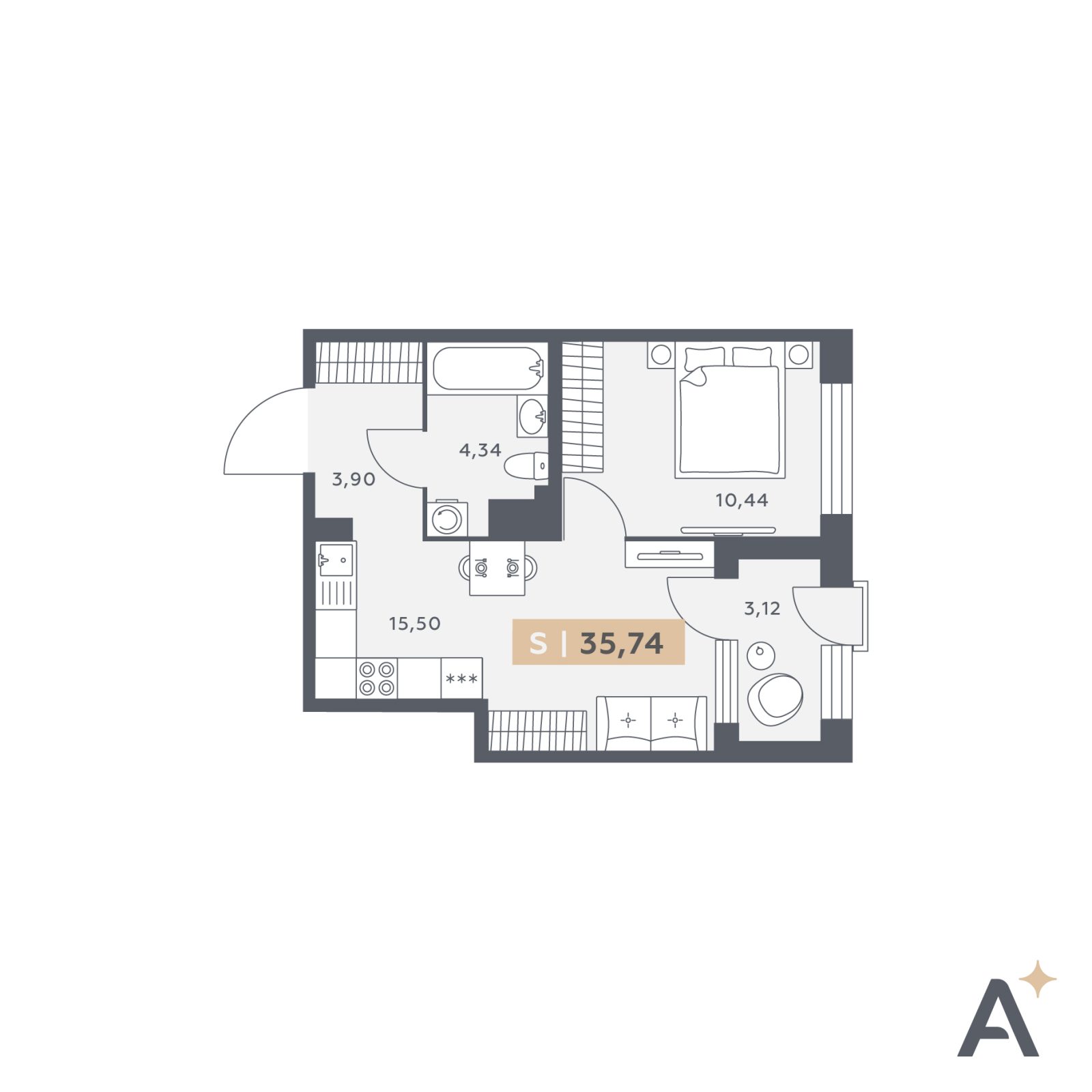 Планировка: 2-комнатная квартира, 35,7 м²