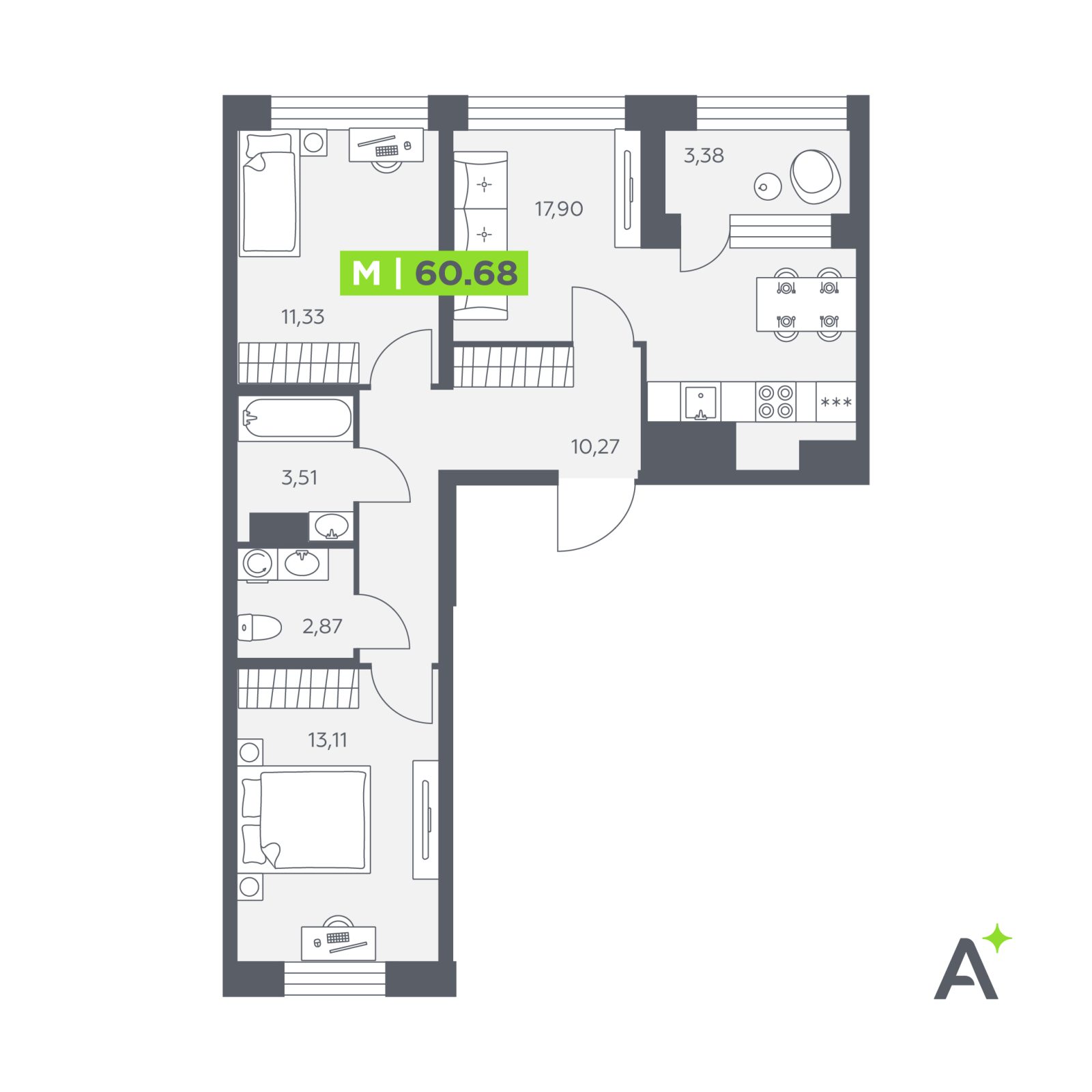 Планировка: 3-комнатная квартира, 60,7 м²