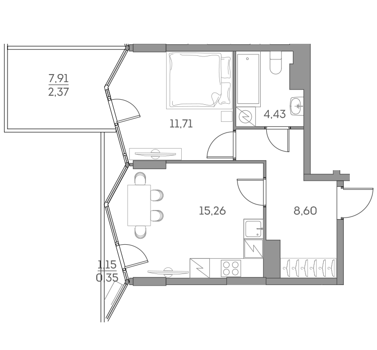 Планировка: 1-комнатная квартира, 42,7 м²
