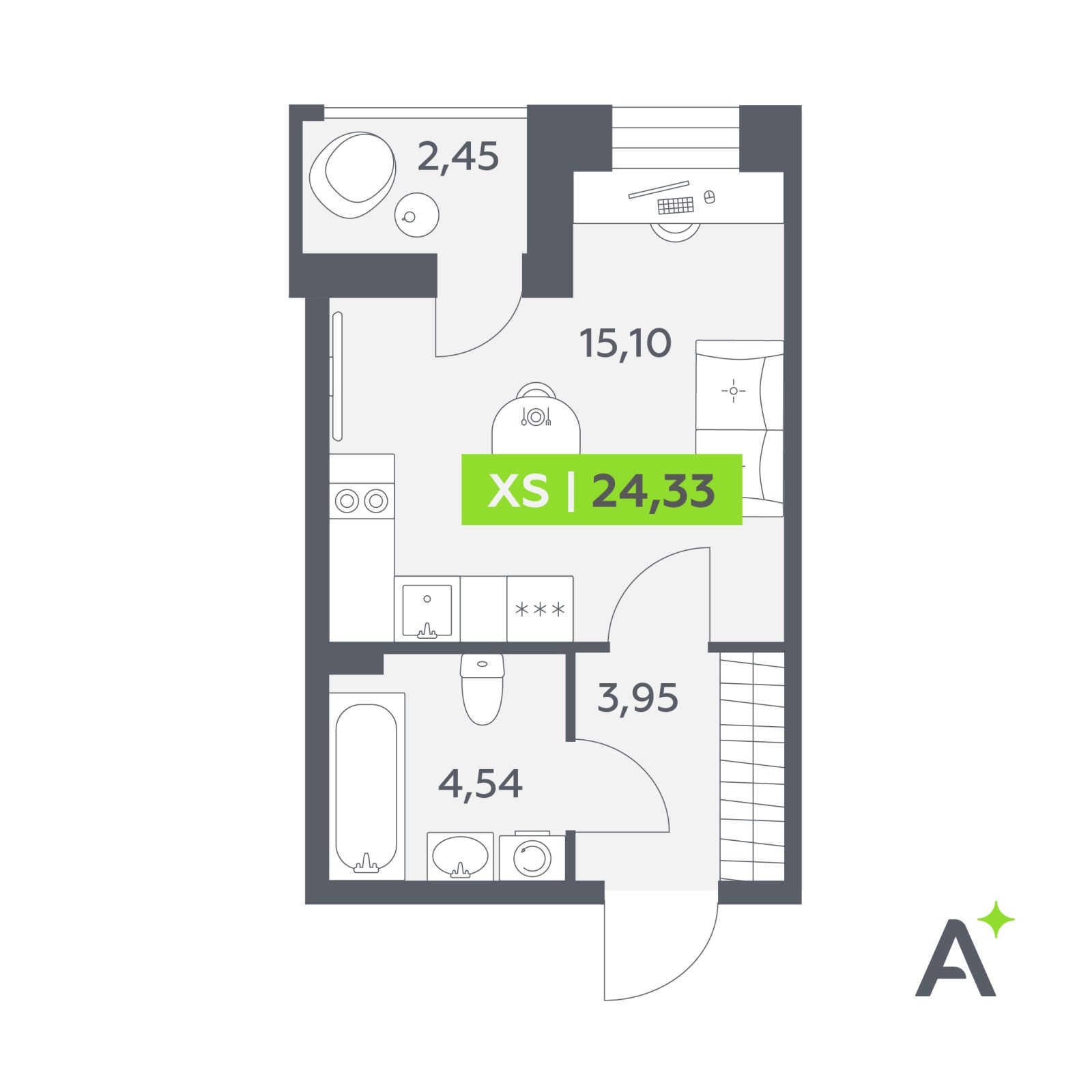 Планировка: студия, 24,3 м²