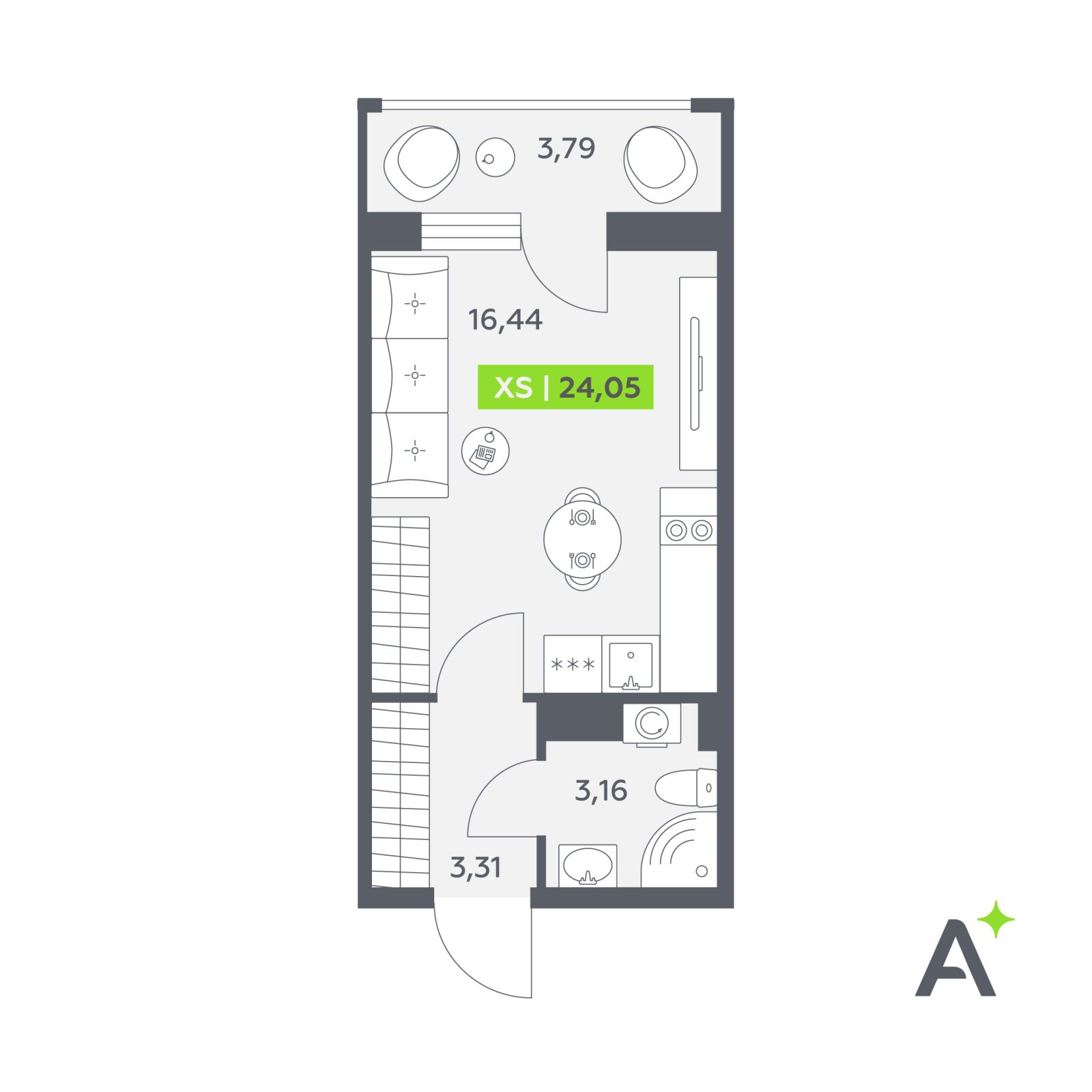 Планировка: студия, 24,1 м²