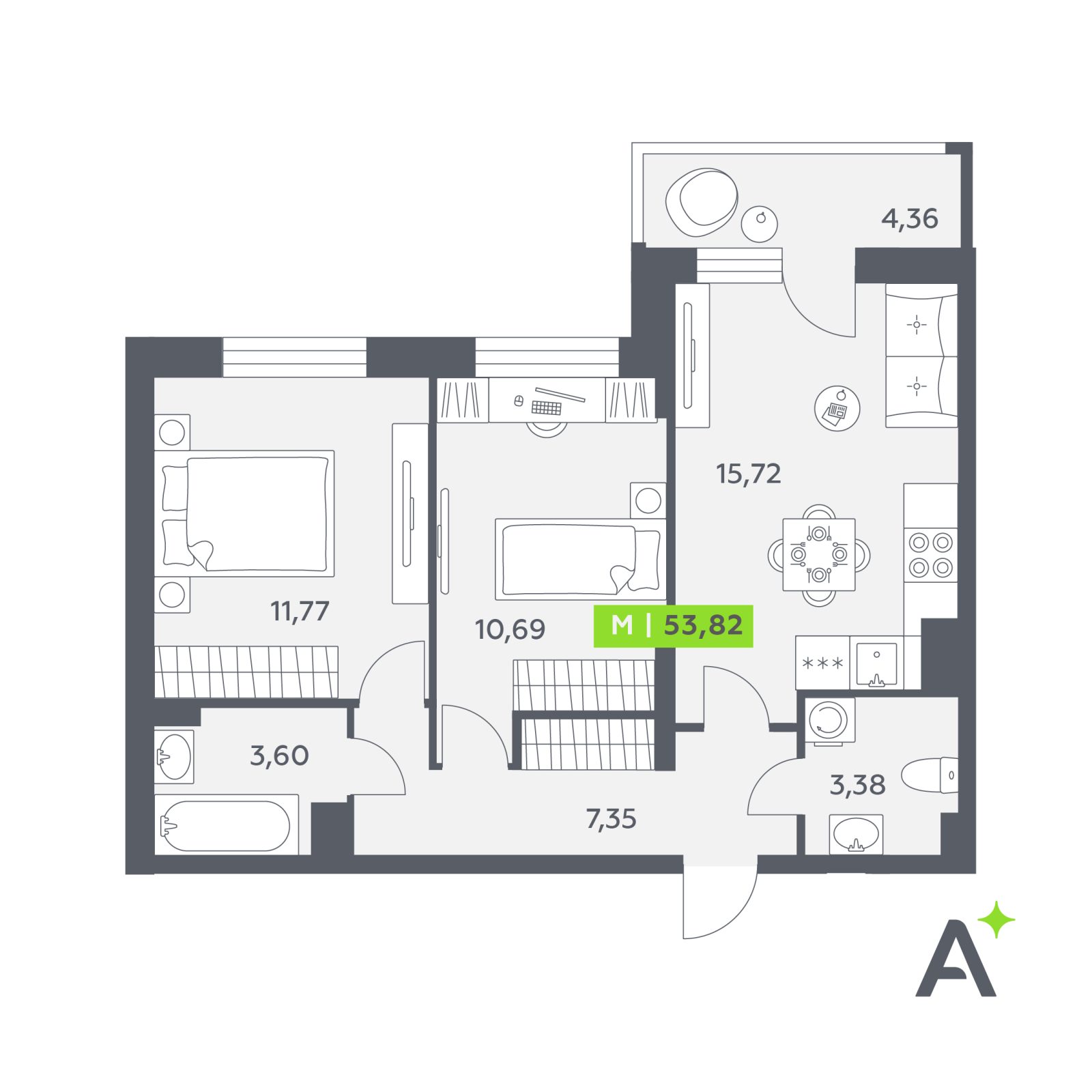 Планировка: 3-комнатная квартира, 53,8 м²