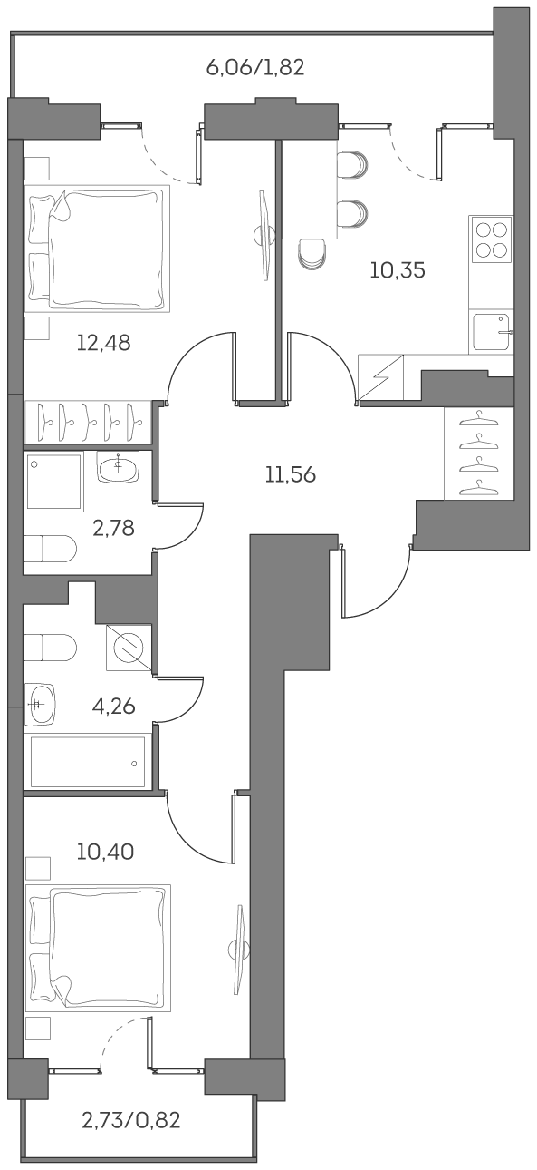 Планировка: 2-комнатная квартира, 54,5 м²