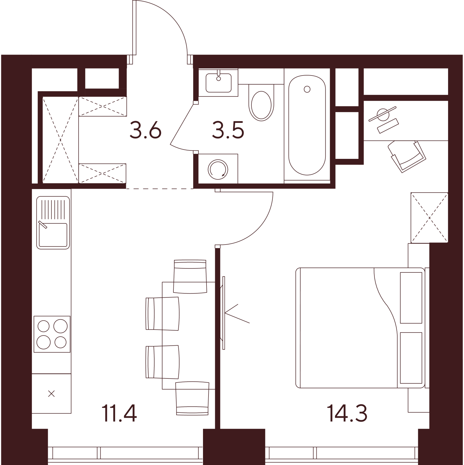 Планировка: 1-комнатная квартира, 32,8 м²