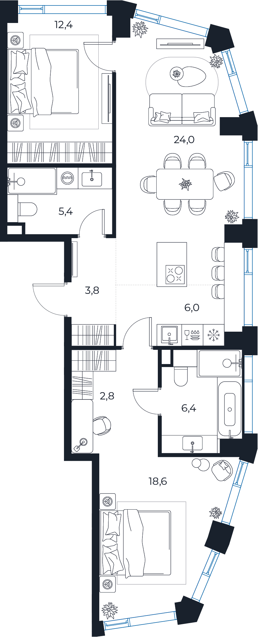 Планировка: 2-комнатная квартира, 79,4 м²