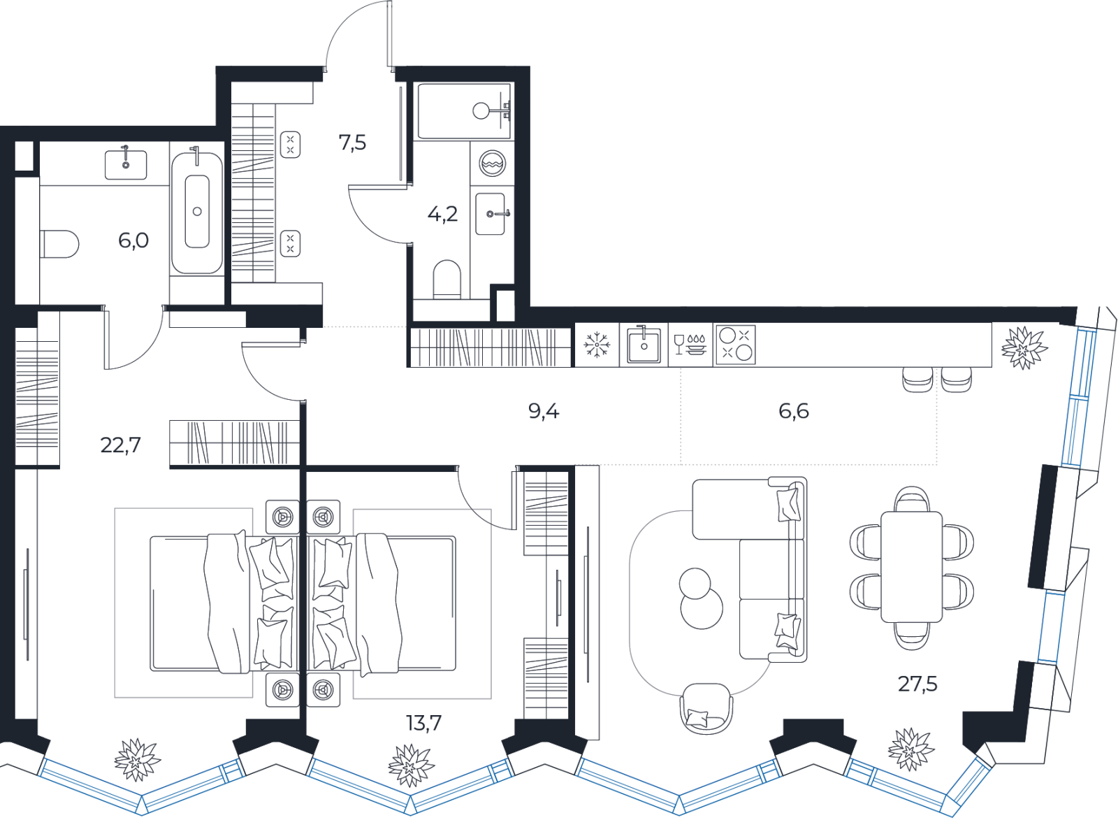 Планировка: 2-комнатная квартира, 97,6 м²