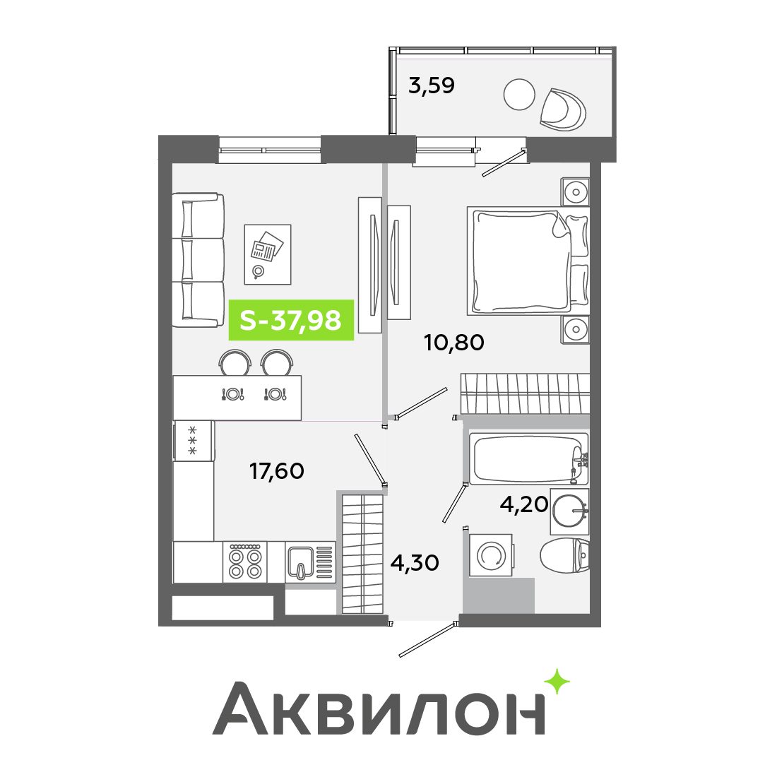 Планировка: 2-комнатная квартира, 38,0 м²
