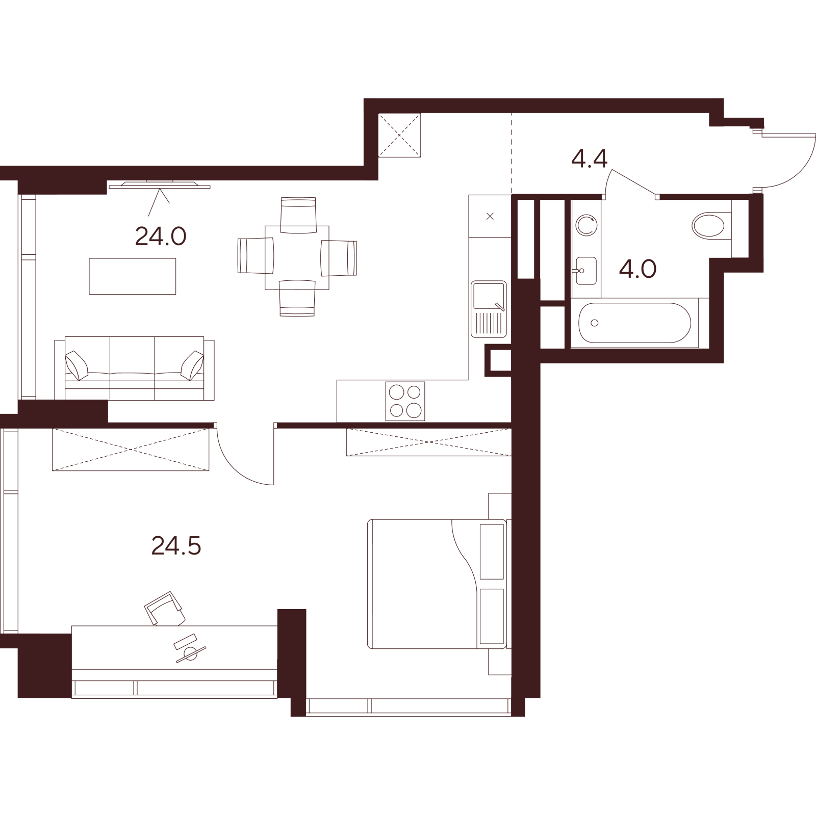 Планировка: 2-комнатная квартира, 56,9 м²