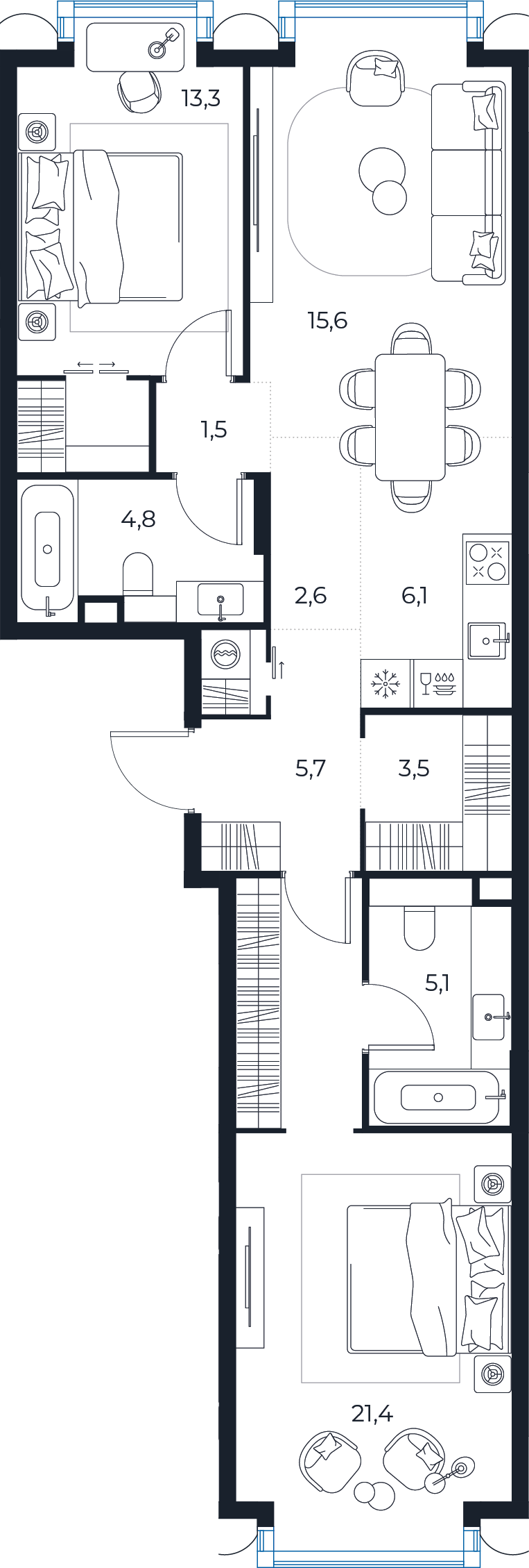 Планировка: 2-комнатная квартира, 79,6 м²