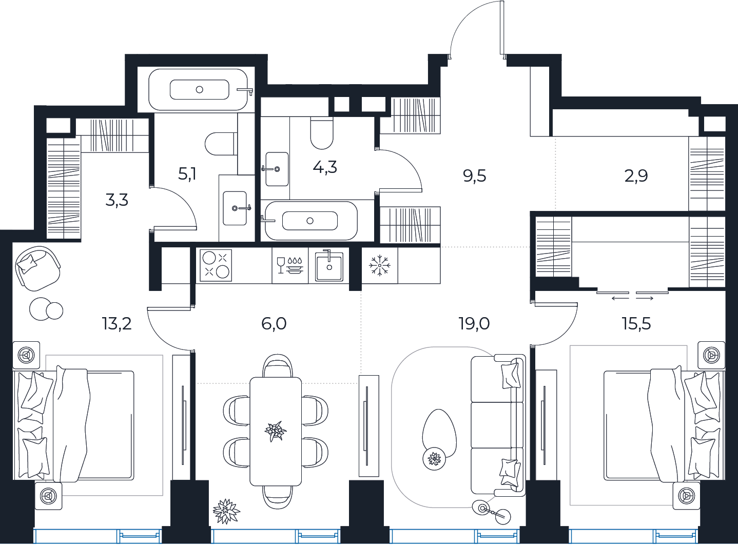 Планировка: 2-комнатная квартира, 78,8 м²