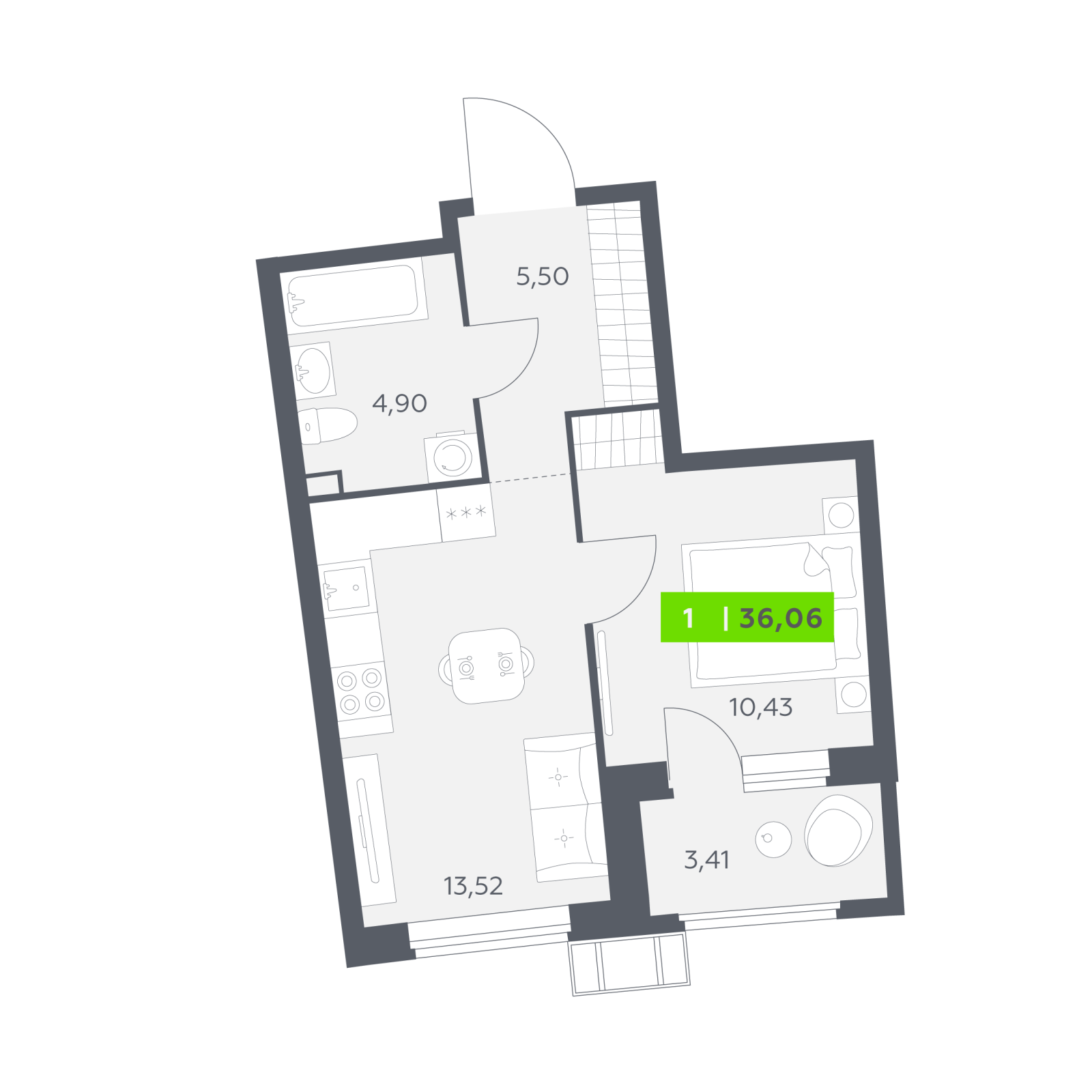 Планировка: 1-комнатная квартира, 36,1 м²