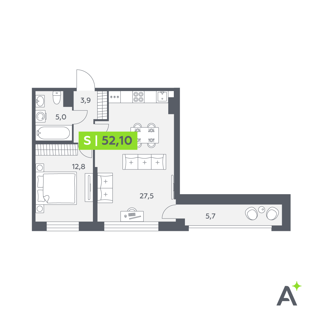 Планировка: 2-комнатная квартира, 52,1 м²