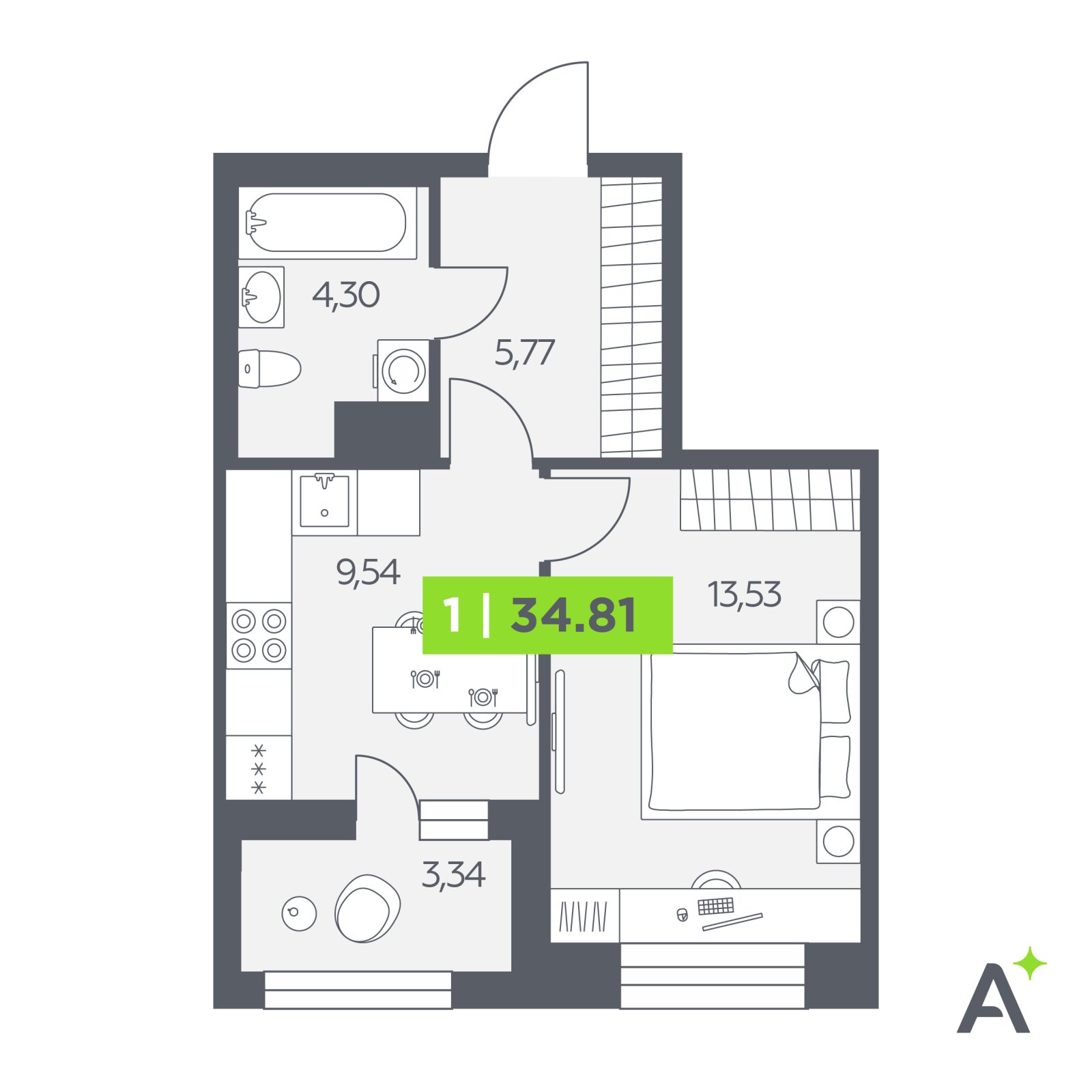 Планировка: 1-комнатная квартира, 34,8 м²