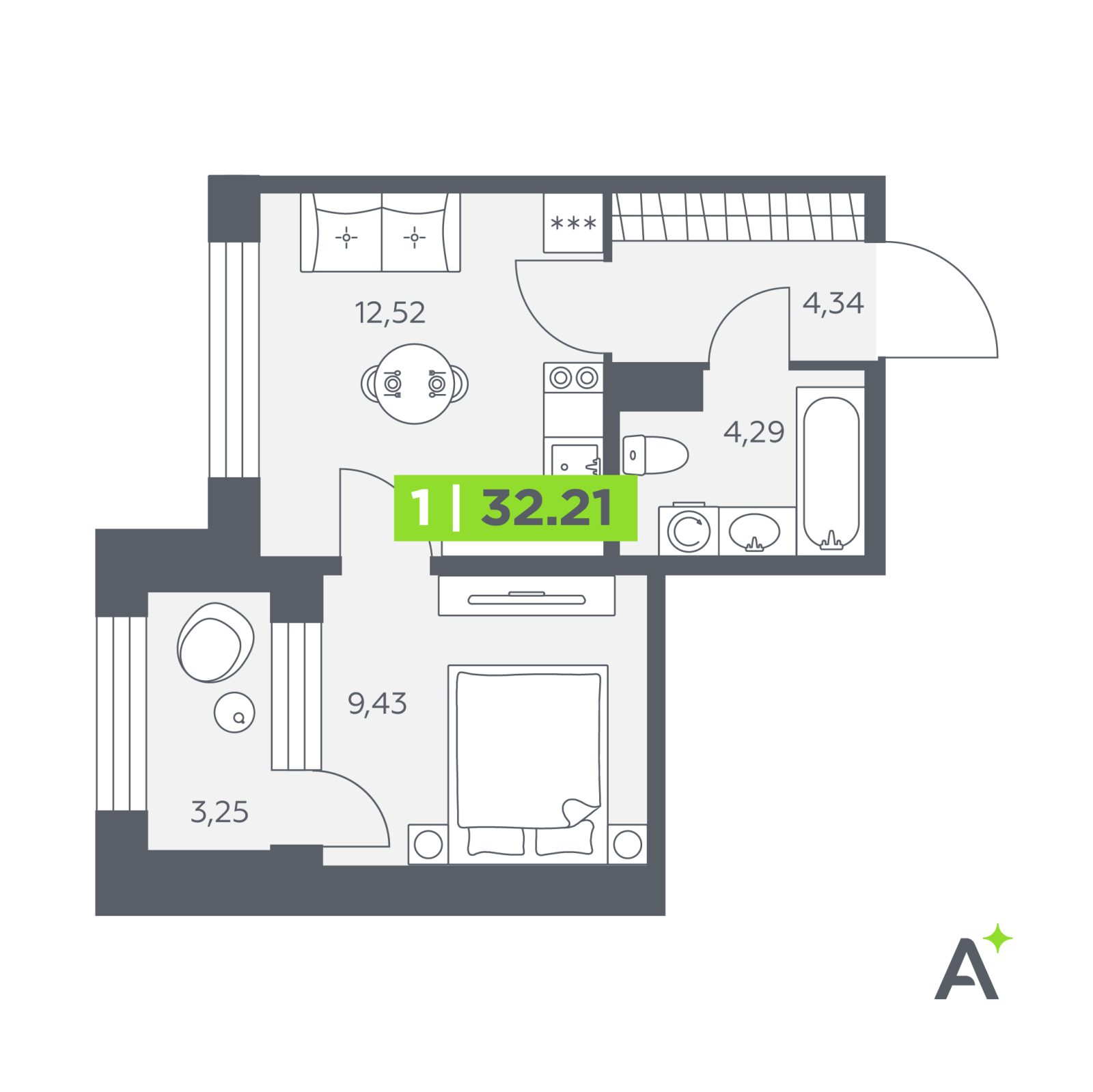 Планировка: 1-комнатная квартира, 32,2 м²
