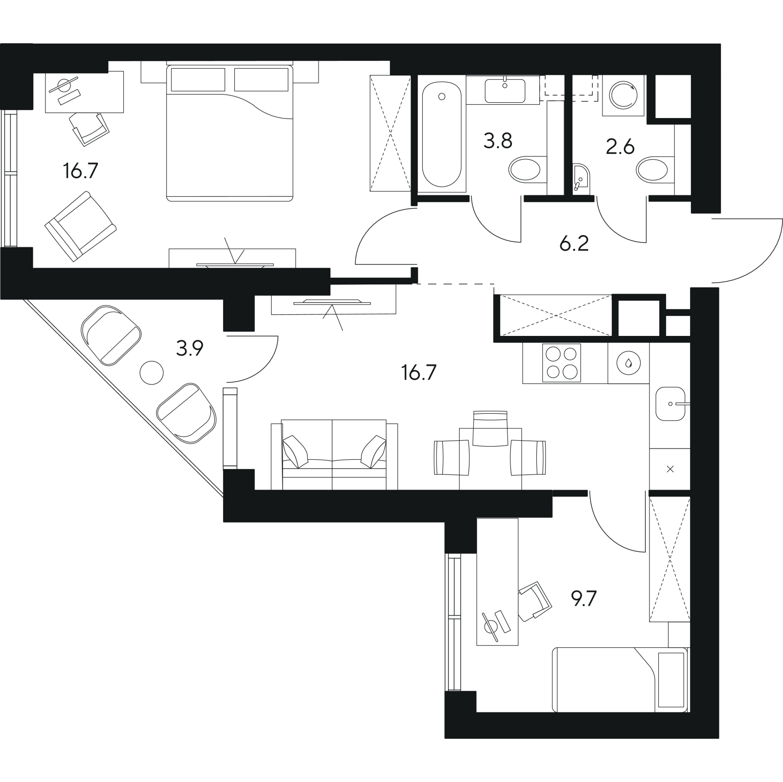 Планировка: 3-комнатная квартира, 59,6 м²