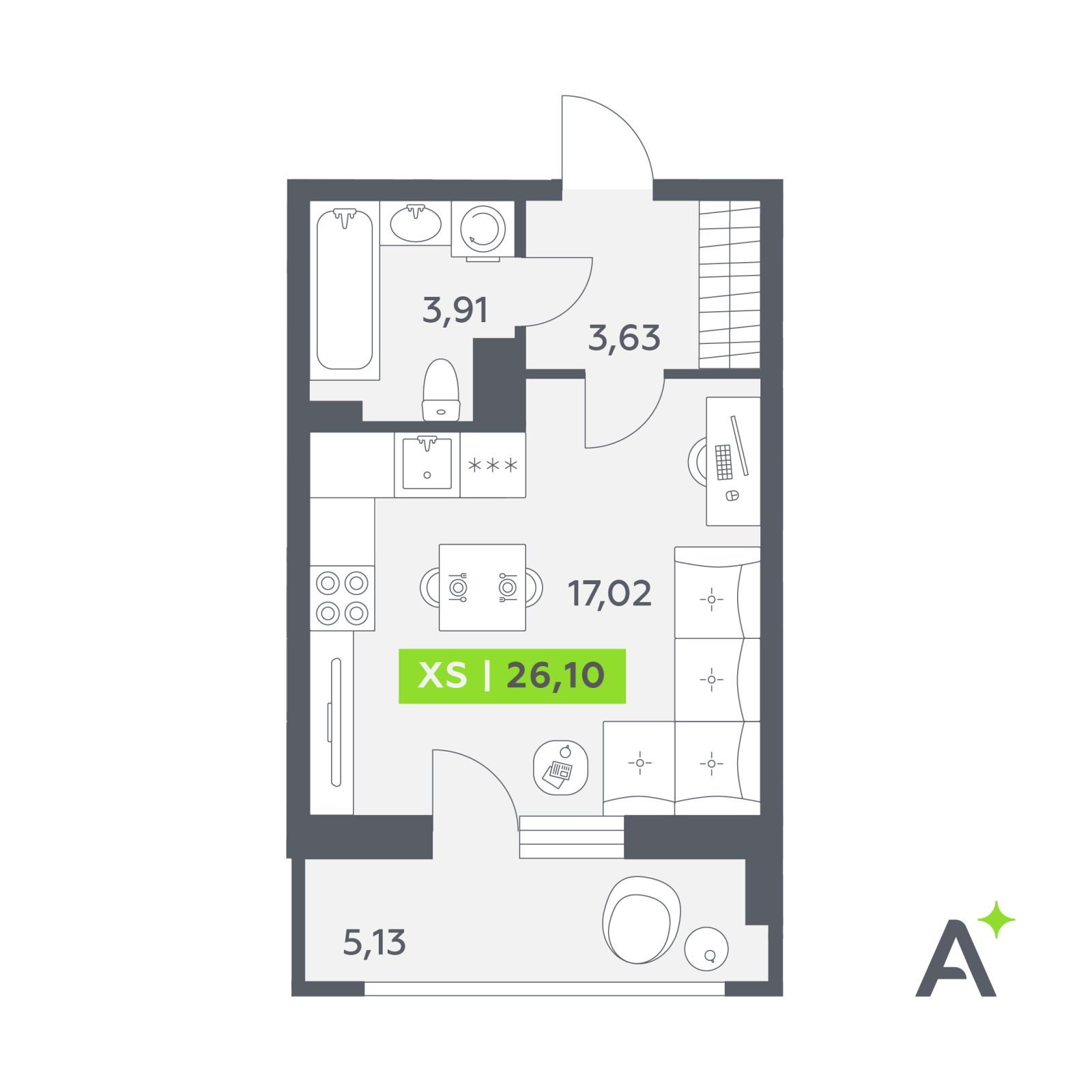 Планировка: студия, 26,1 м²