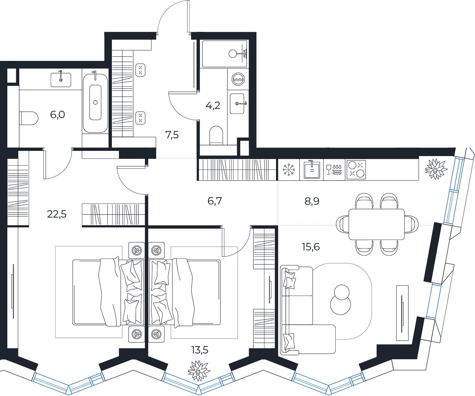 Планировка: 2-комнатная квартира, 84,9 м²