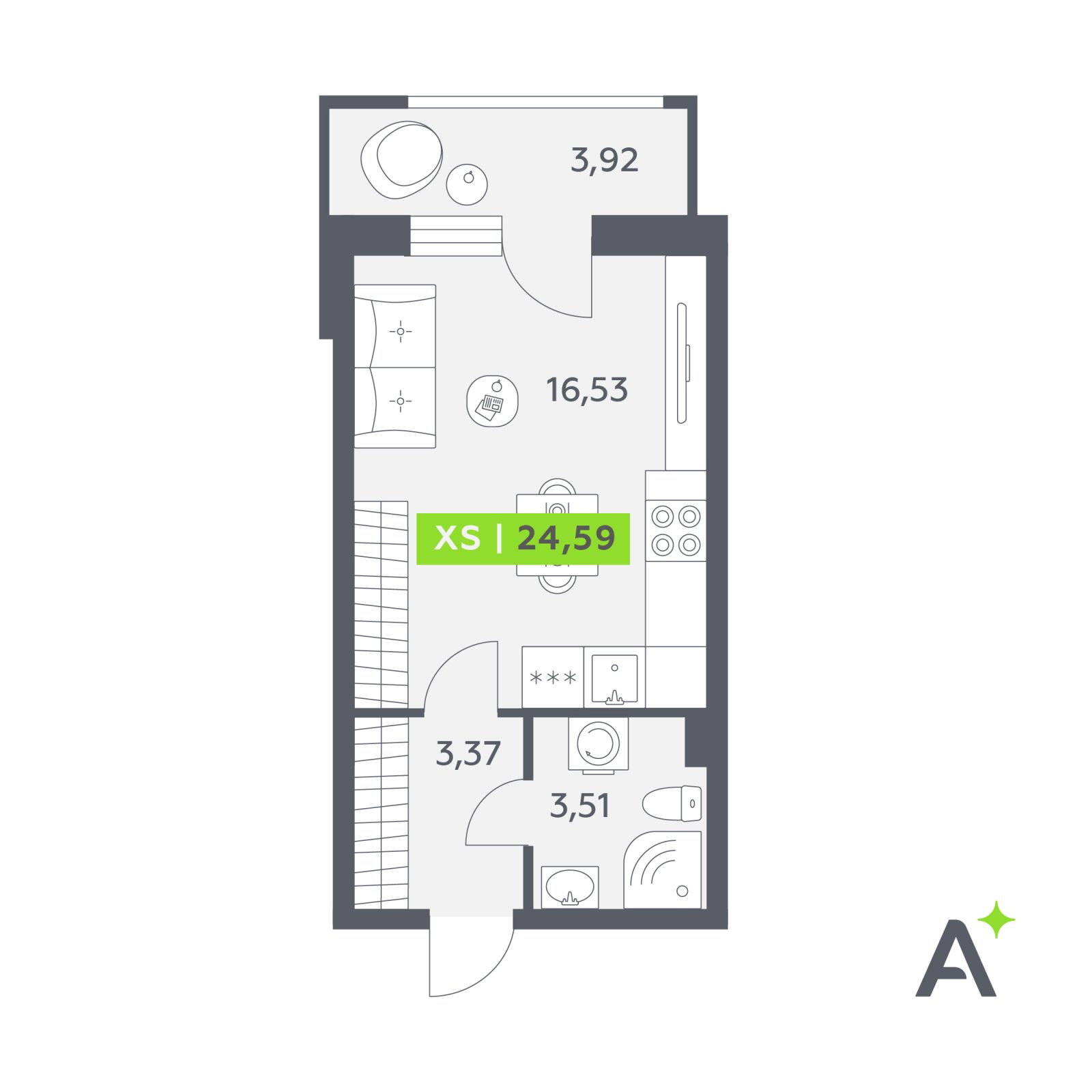 Планировка: студия, 24,6 м²