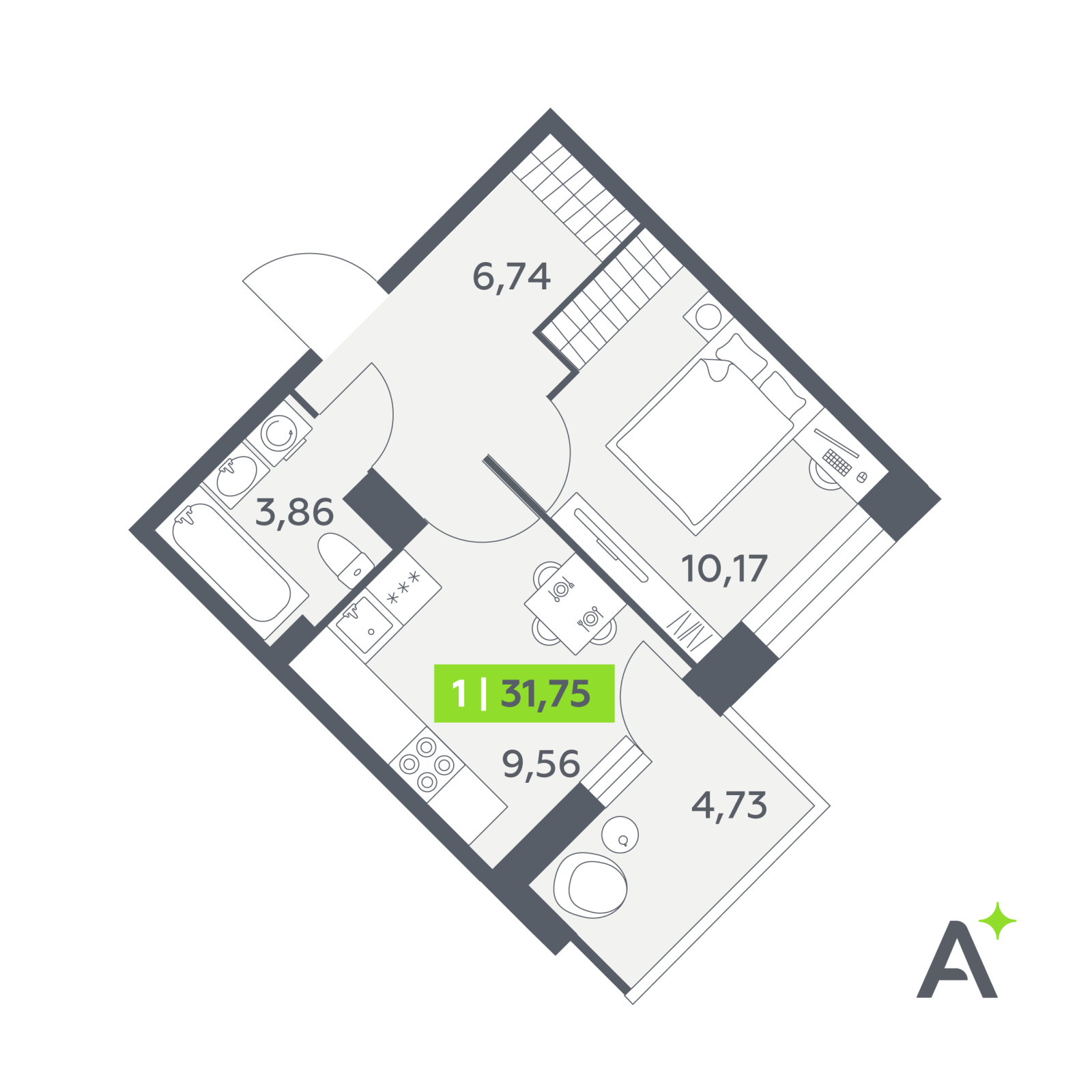 Планировка: 1-комнатная квартира, 31,8 м²
