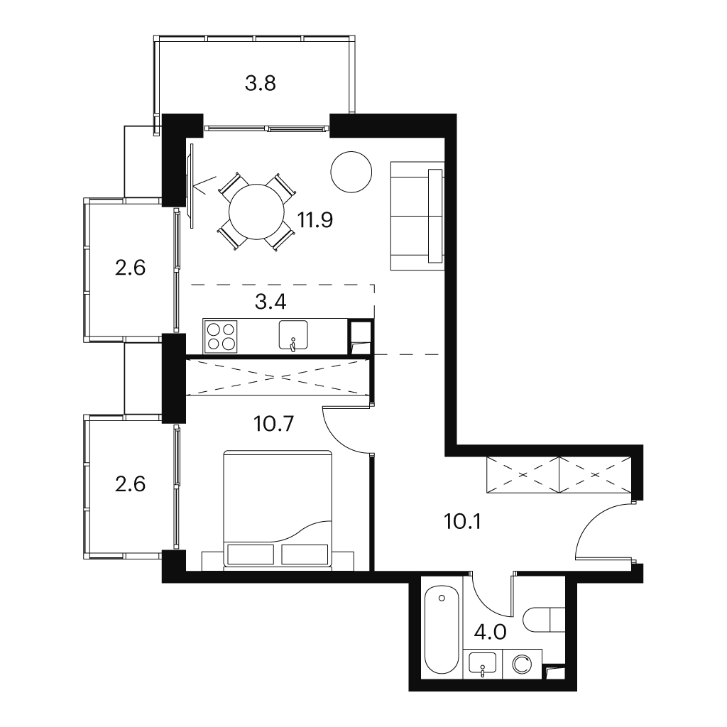 Планировка: 2-комнатная квартира, 49,4 м²