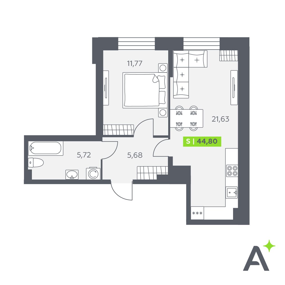 Планировка: 2-комнатная квартира, 44,8 м²