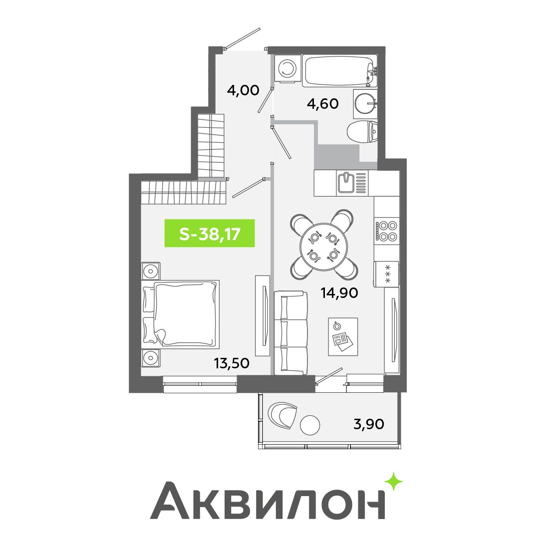 Планировка: 2-комнатная квартира, 38,2 м²