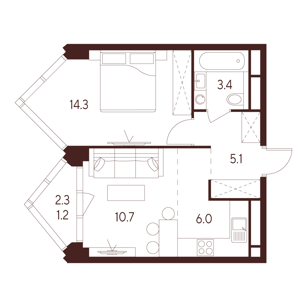 Планировка: 2-комнатная квартира, 40,7 м²