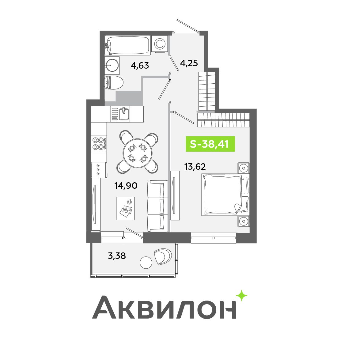 Планировка: 2-комнатная квартира, 38,4 м²