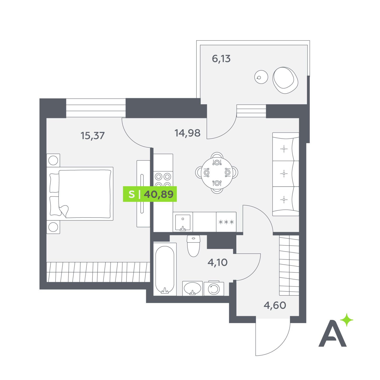 Планировка: 2-комнатная квартира, 40,9 м²