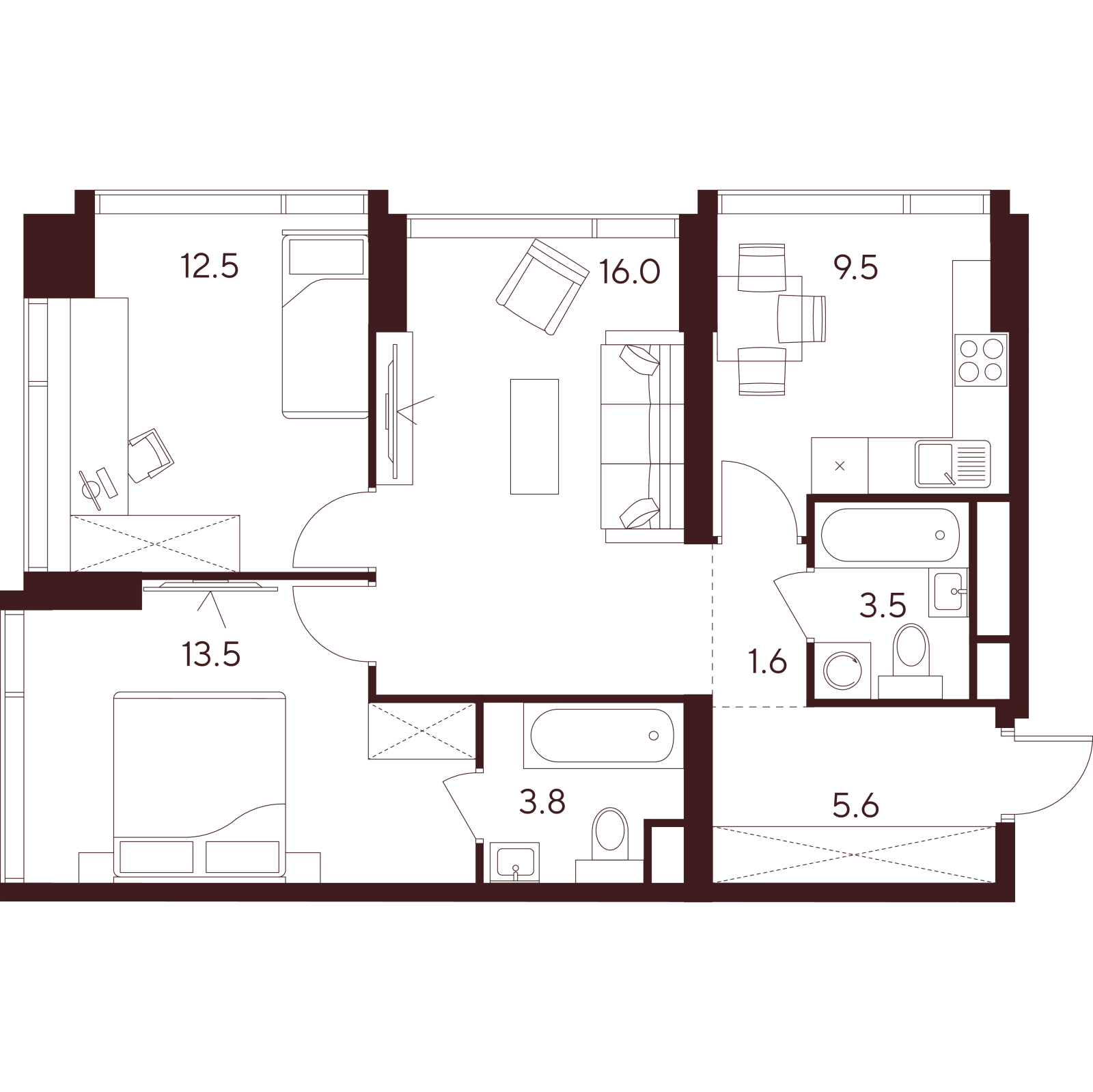 Планировка: 3-комнатная квартира, 66,0 м²