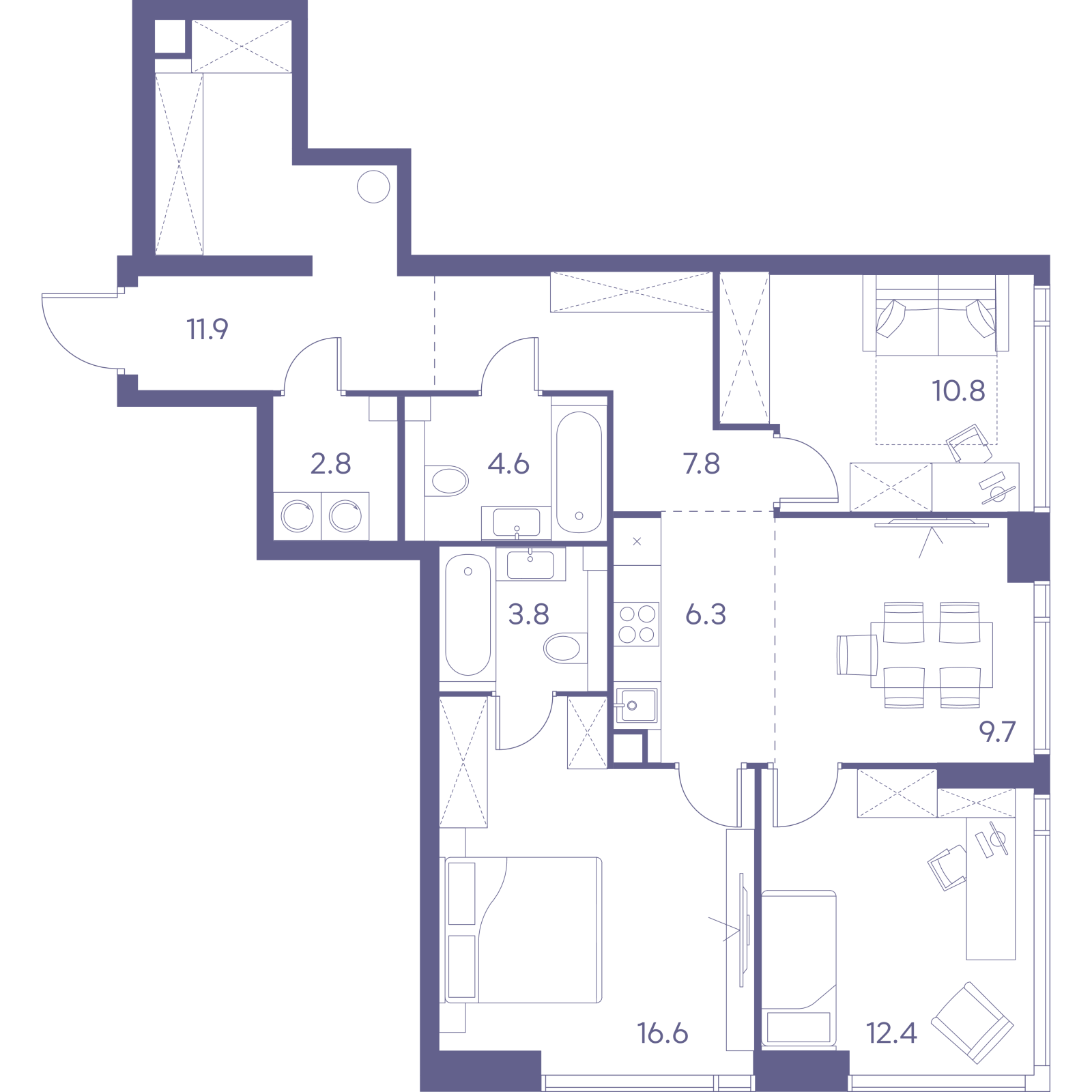 Планировка: 4-комнатная квартира, 86,7 м²