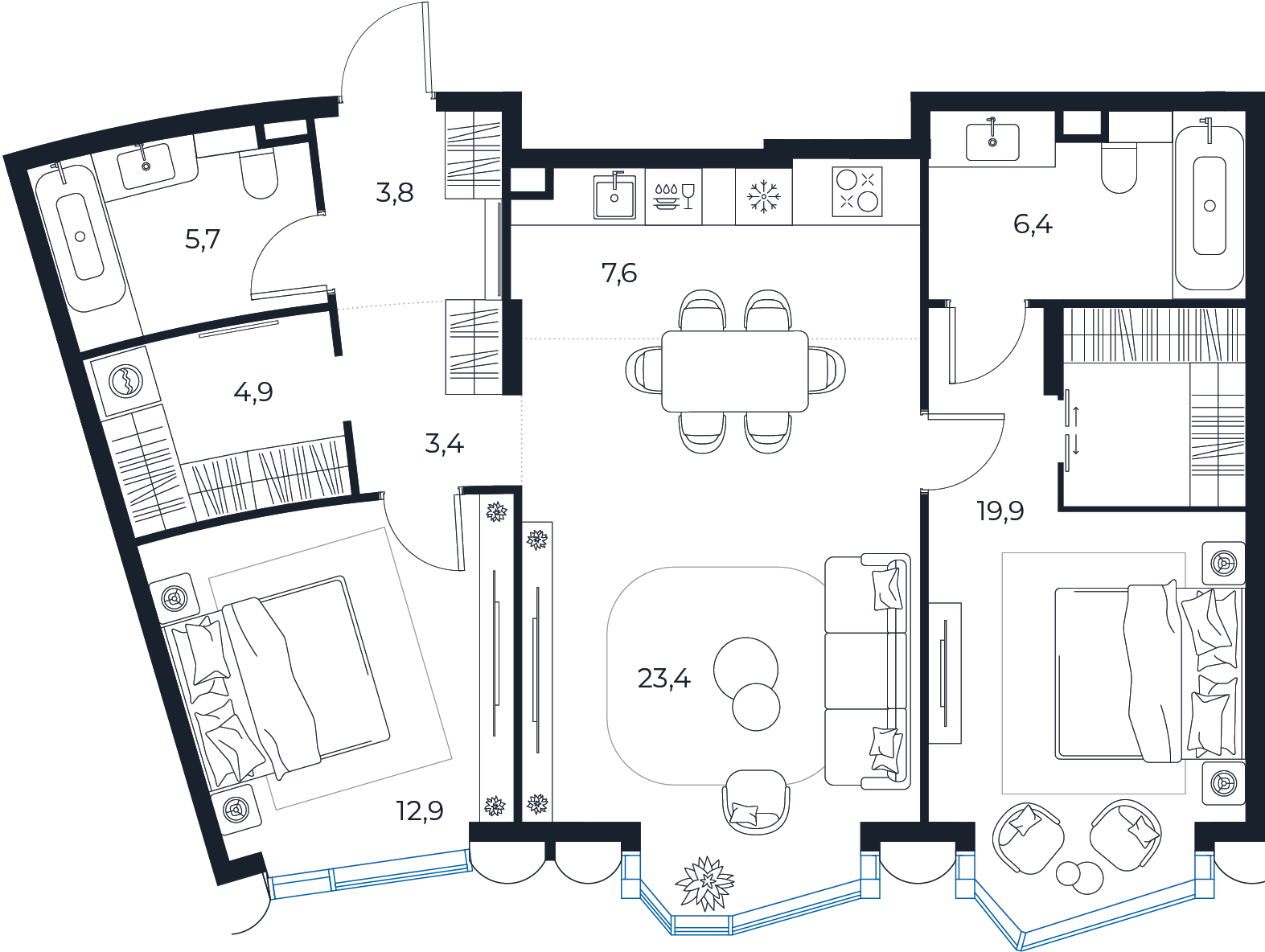 Планировка: 2-комнатная квартира, 87,8 м²