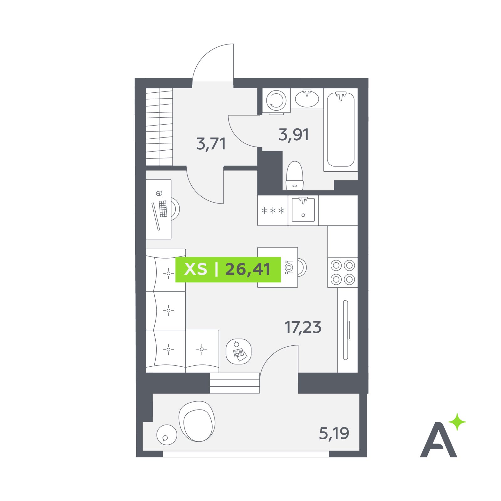 Планировка: студия, 26,4 м²