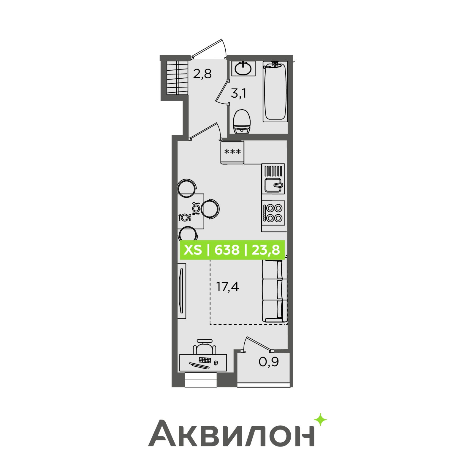 Планировка: студия, 23,8 м²