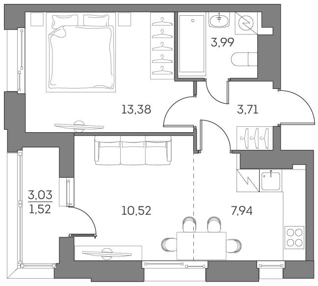 Планировка: 2-комнатная квартира, 41,1 м²