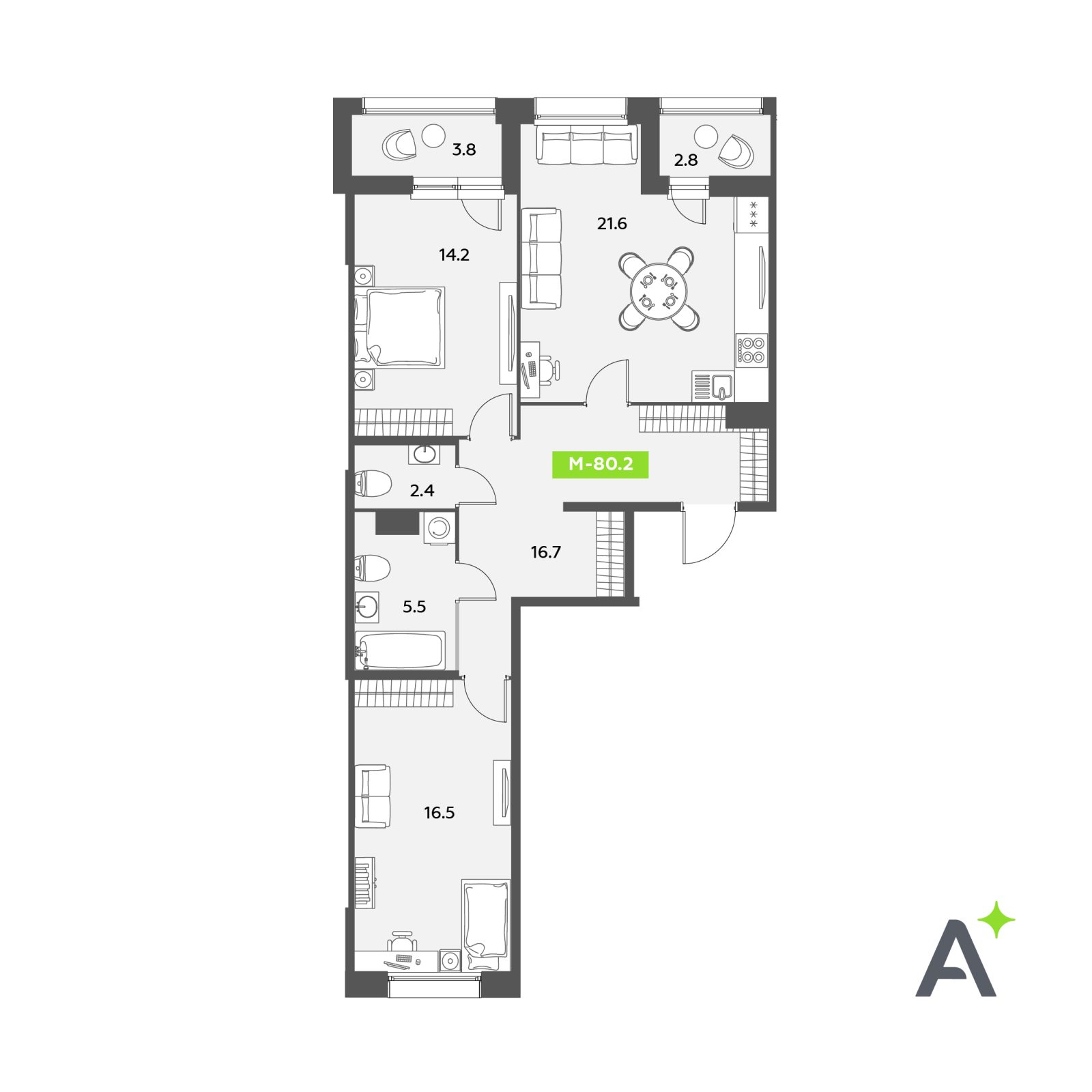 Планировка: 3-комнатная квартира, 80,2 м²