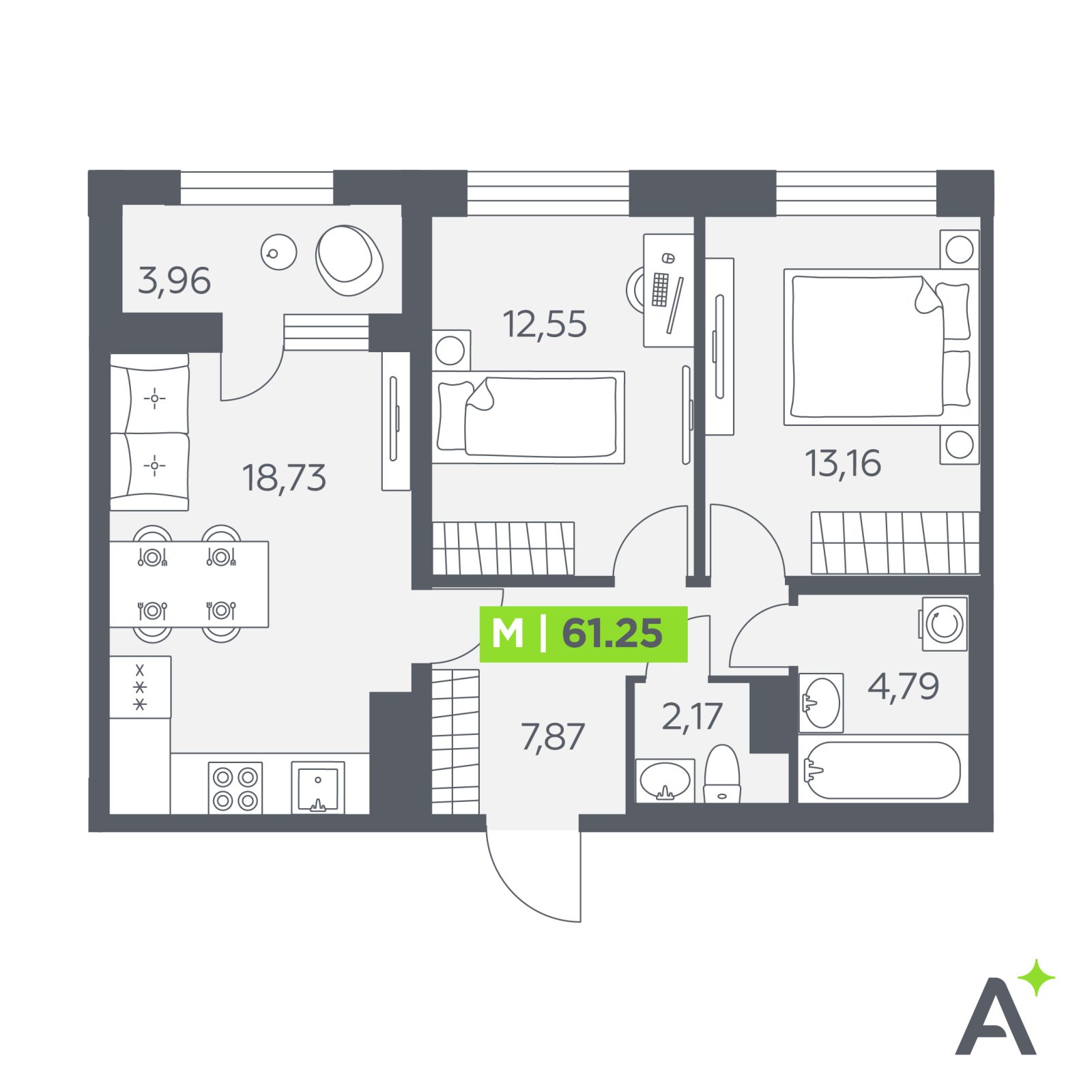 Планировка: 3-комнатная квартира, 61,3 м²