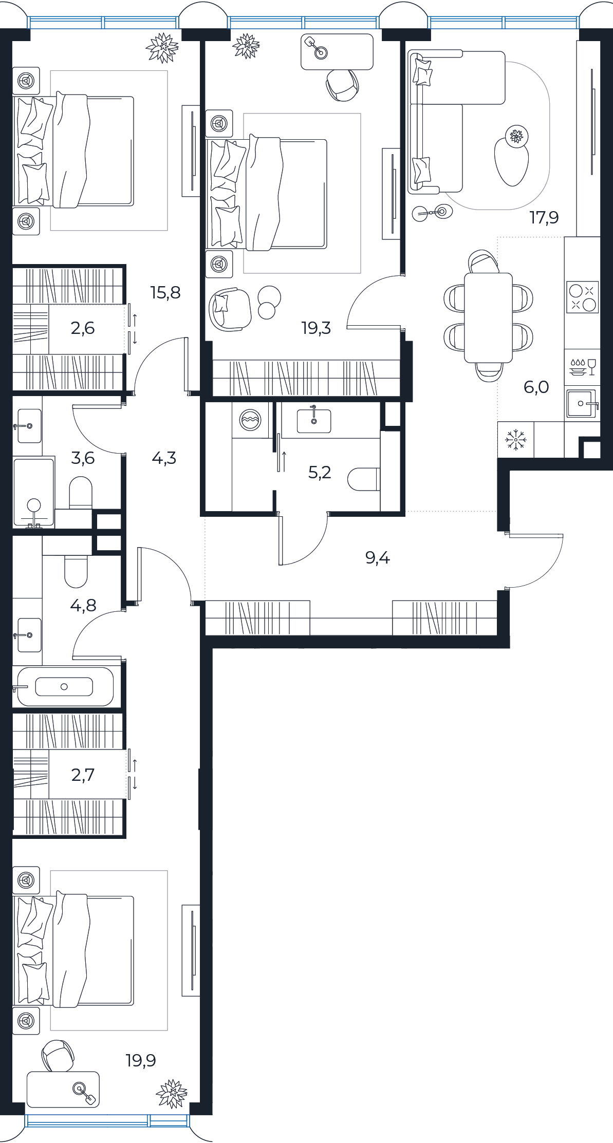 Планировка: 3-комнатная квартира, 111,5 м²