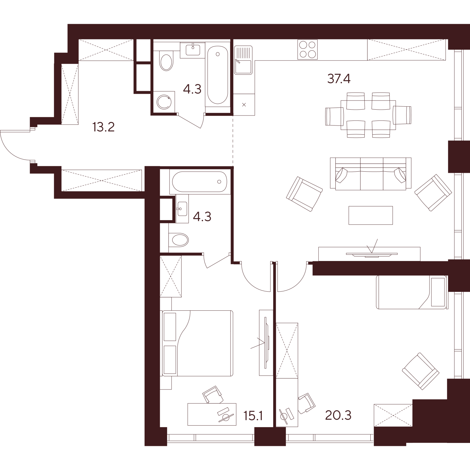 Планировка: 3-комнатная квартира, 94,6 м²
