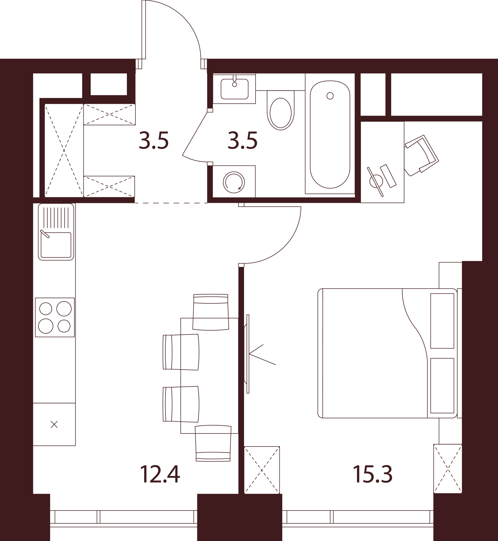 Планировка: 1-комнатная квартира, 34,7 м²