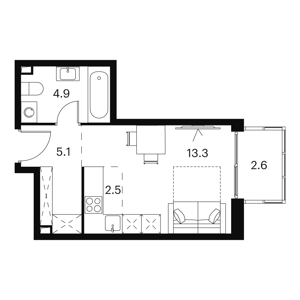 Планировка: студия, 28,4 м²
