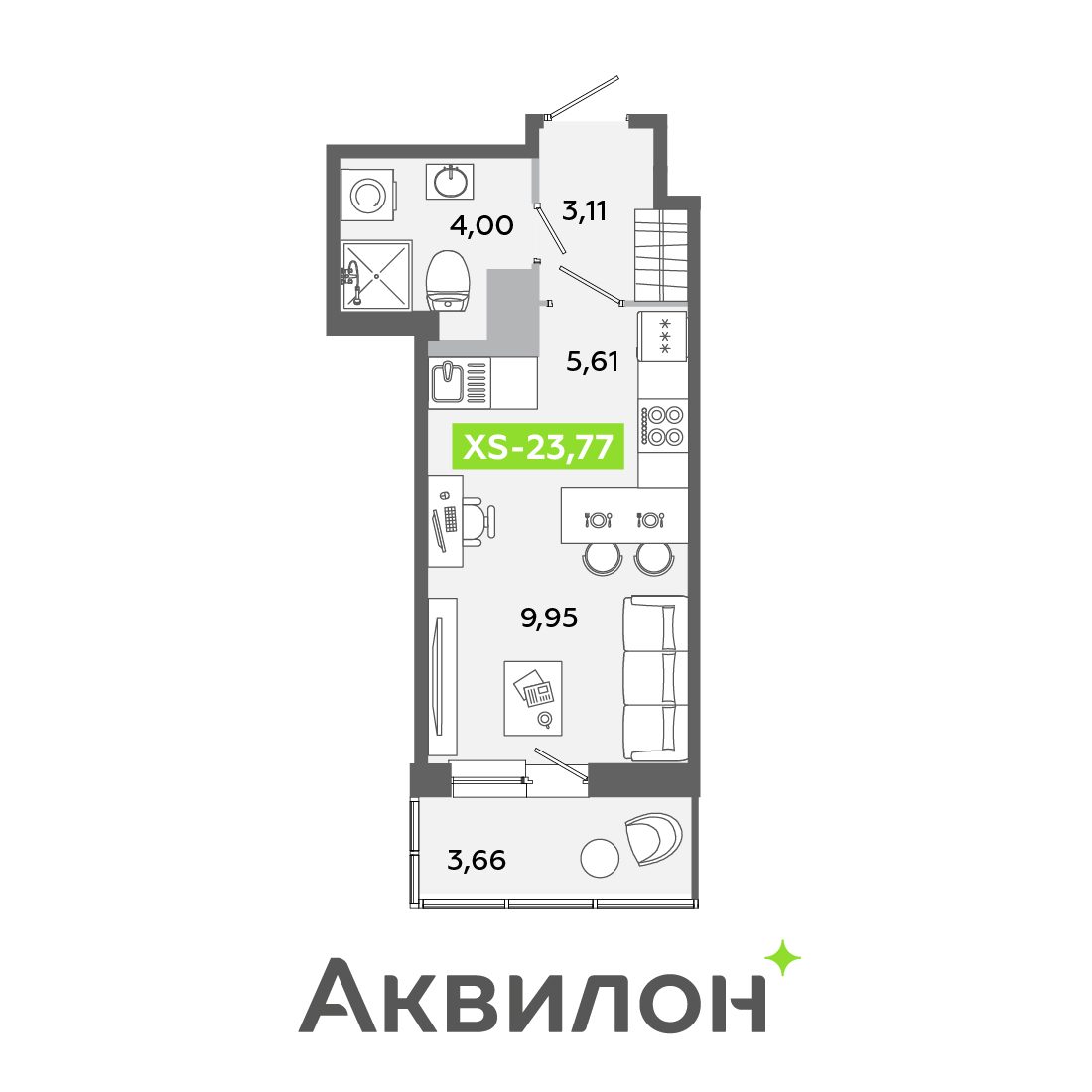 Планировка: студия, 23,8 м²