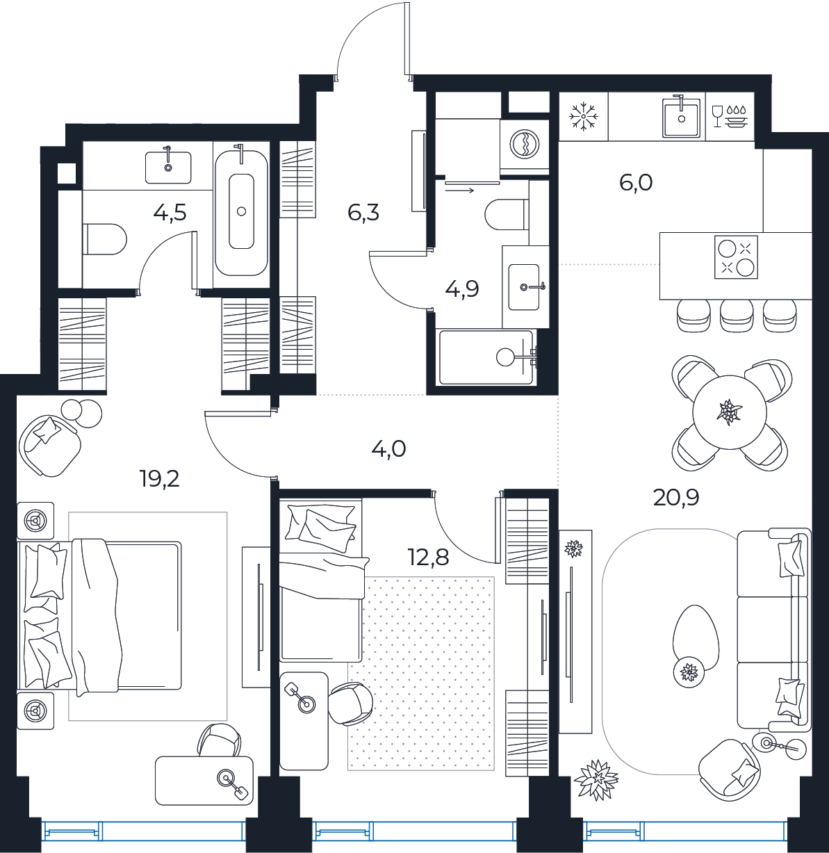 Планировка: 2-комнатная квартира, 78,6 м²