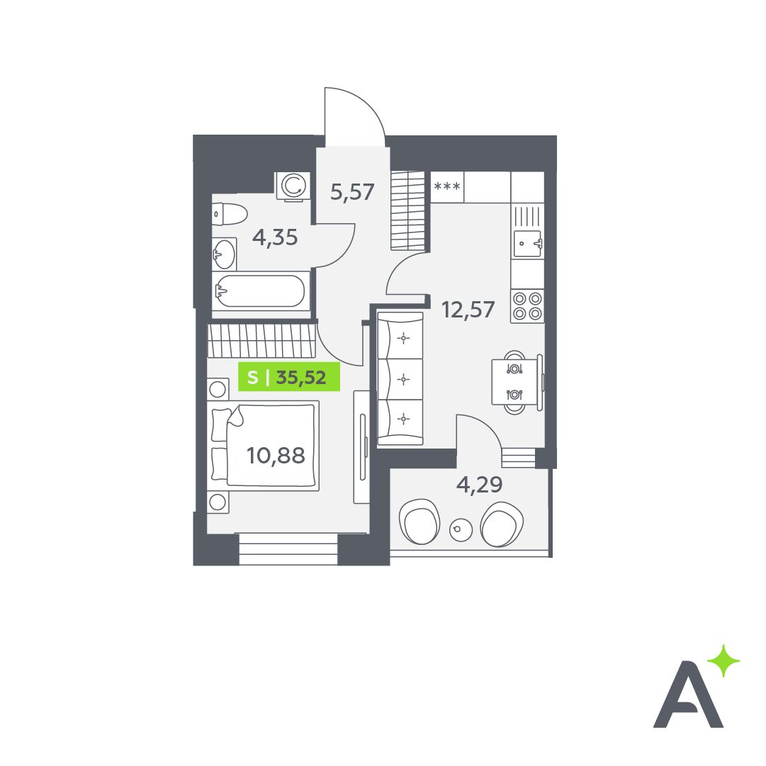 Планировка: 2-комнатная квартира, 35,5 м²