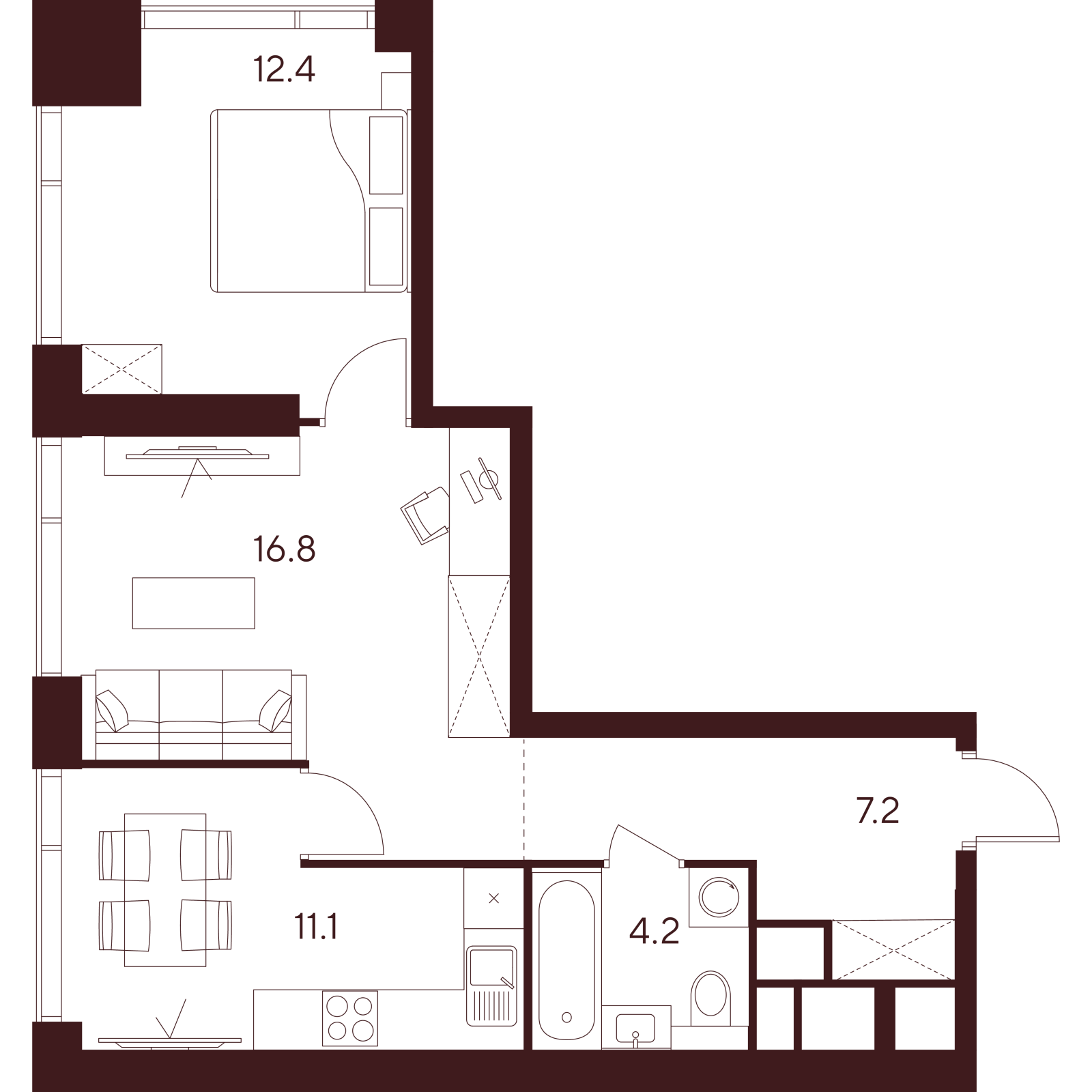 Планировка: 2-комнатная квартира, 51,7 м²
